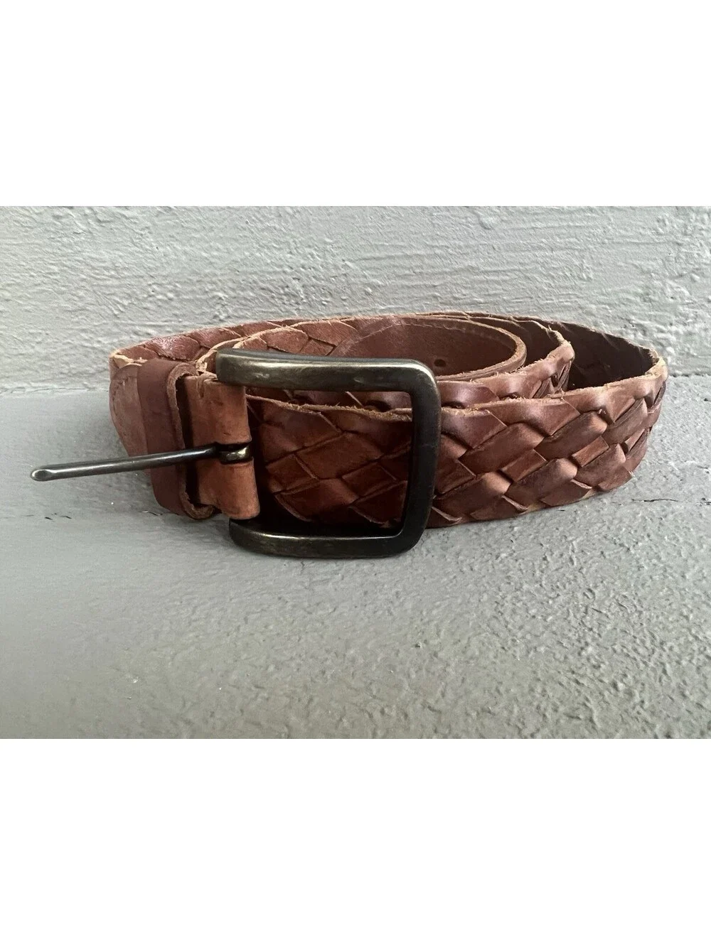 Duluth Trading CO Mens 44 Brown Leather Braided Woven Belt OD-Buckle